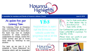 Hosanna Newsletter June 9, 2016